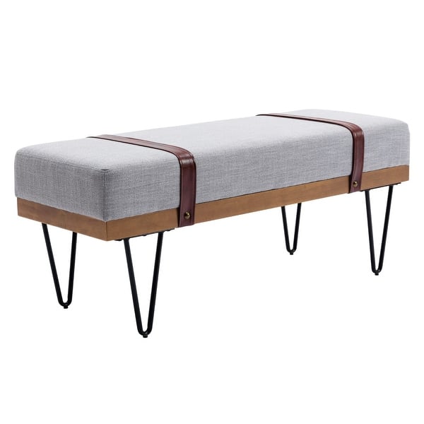Modern Indoor Bench, 18" Seat Height Entryway Bench with PU Leather Strap and Metal Legs, Linen